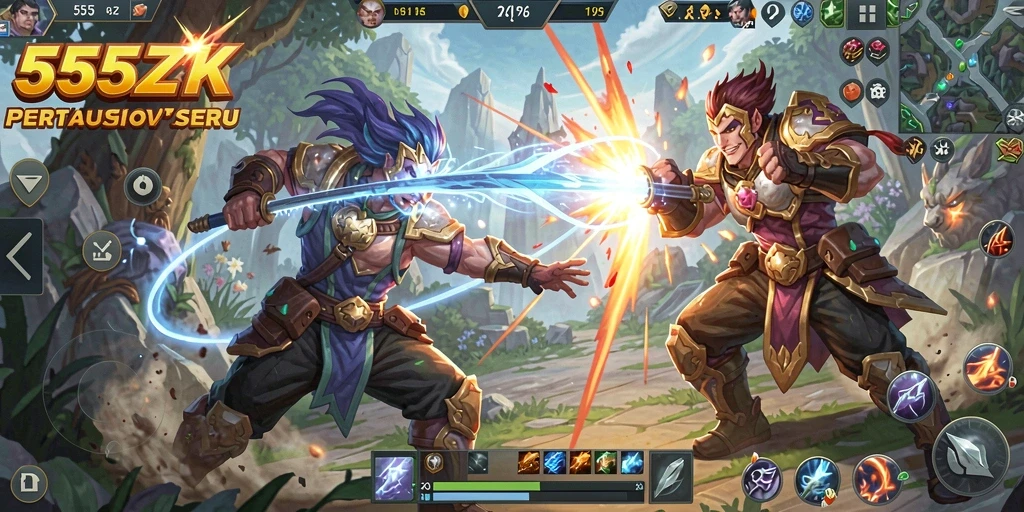 Screenshot gameplay seru dari 555ZK di arena pertempuran.