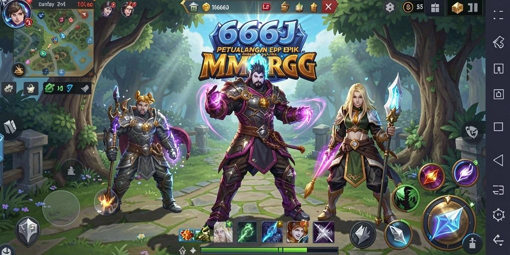Tangkapan layar gameplay <strong>666J</strong> yang menampilkan pertarungan epik di dunia fantasi.