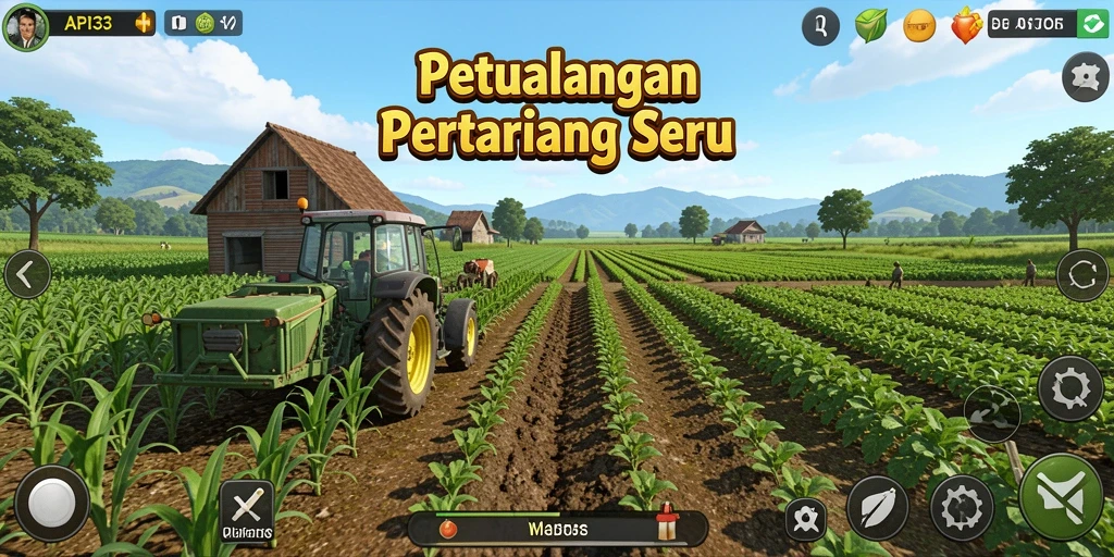 Tangkapan layar gameplay menampilkan lahan pertanian yang subur dan aktif.