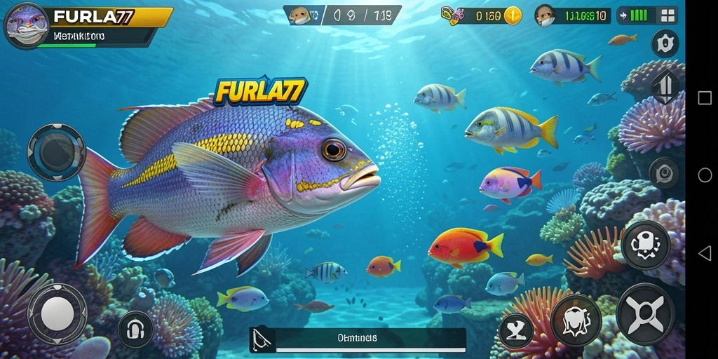 Screenshot gameplay FURLA77 menampilkan aksinya menangkap ikan.