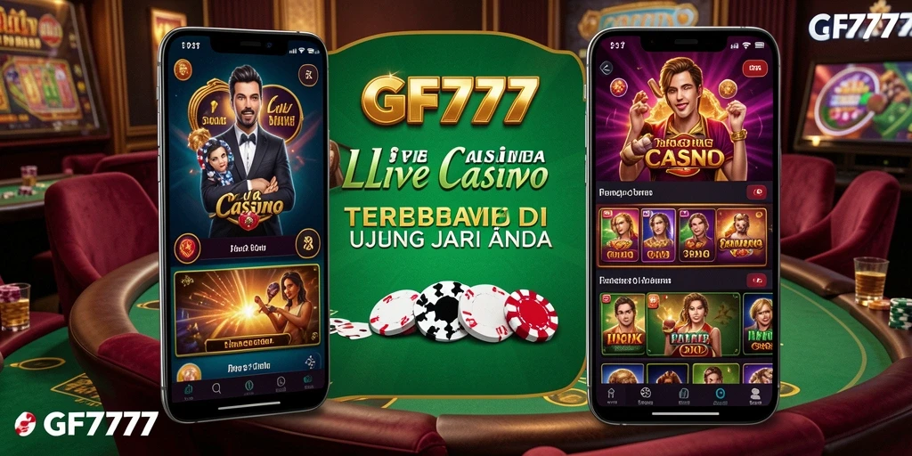 Screenshot GF777 menampilkan dealer langsung dan meja permainan kasino yang interaktif.