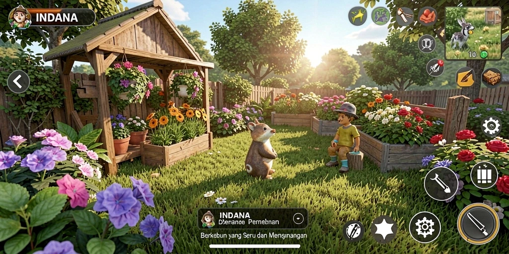 Tampilan gameplay menarik dari INDAAA dengan suasana kebun yang menenangkan.