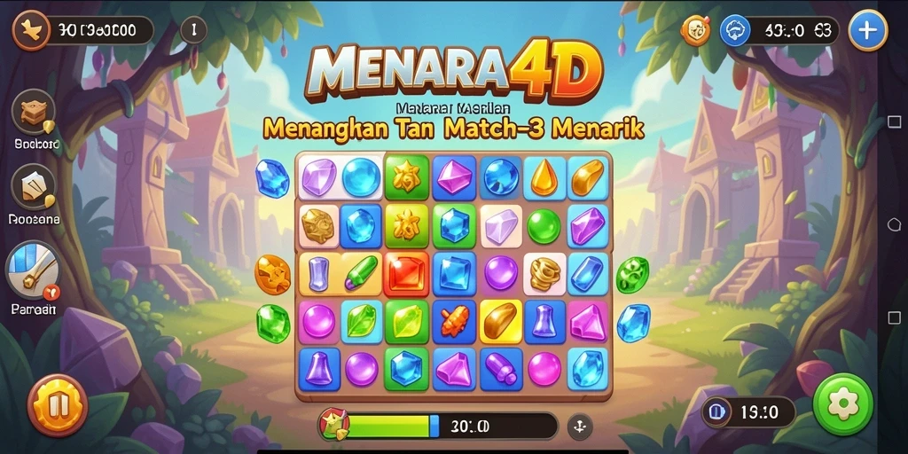 Tampilan menarik dari gameplay Match-3 MENARA4D dengan warna-warna cerah.