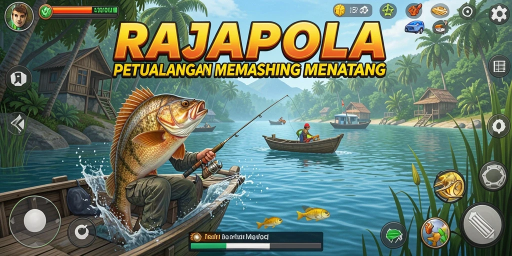 Tangkapan layar utama RAJAPOLA menampilkan aksi memancing yang menegangkan.