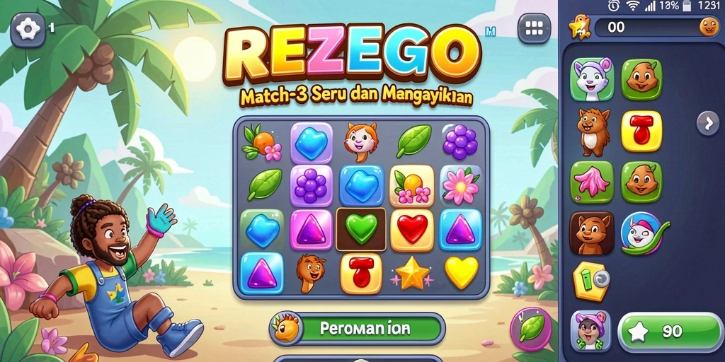 Screenshot menampilkan gameplay Match-3 yang seru dan adiktif.