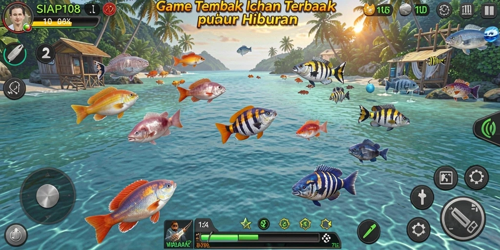 Screenshot gameplay SIAP108 yang menampilkan aksi menembak ikan.
