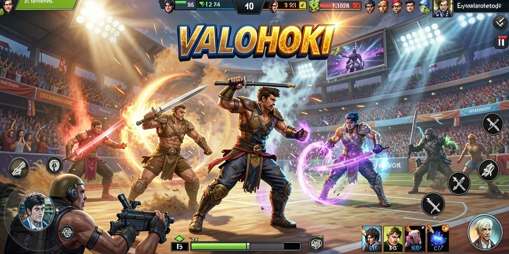 Screenshot utama VALOHOKI menampilkan aksi pertarungan mendebarkan di arena.