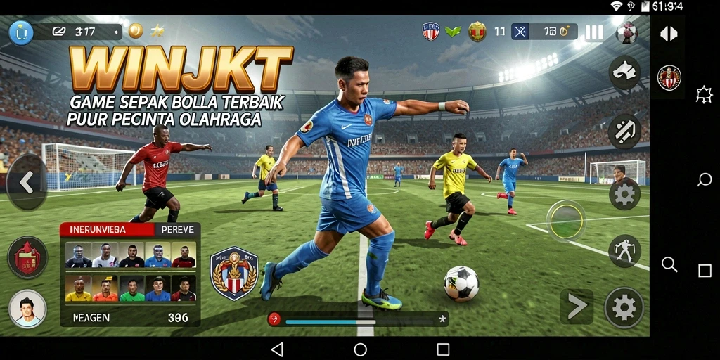 Screenshot gameplay WINJKT menampilkan aksi seru di lapangan sepak bola.
